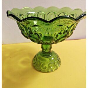 L.E. Smith Green Footed Compote Bowl Moon & Stars 6 5/8"H x 8"W